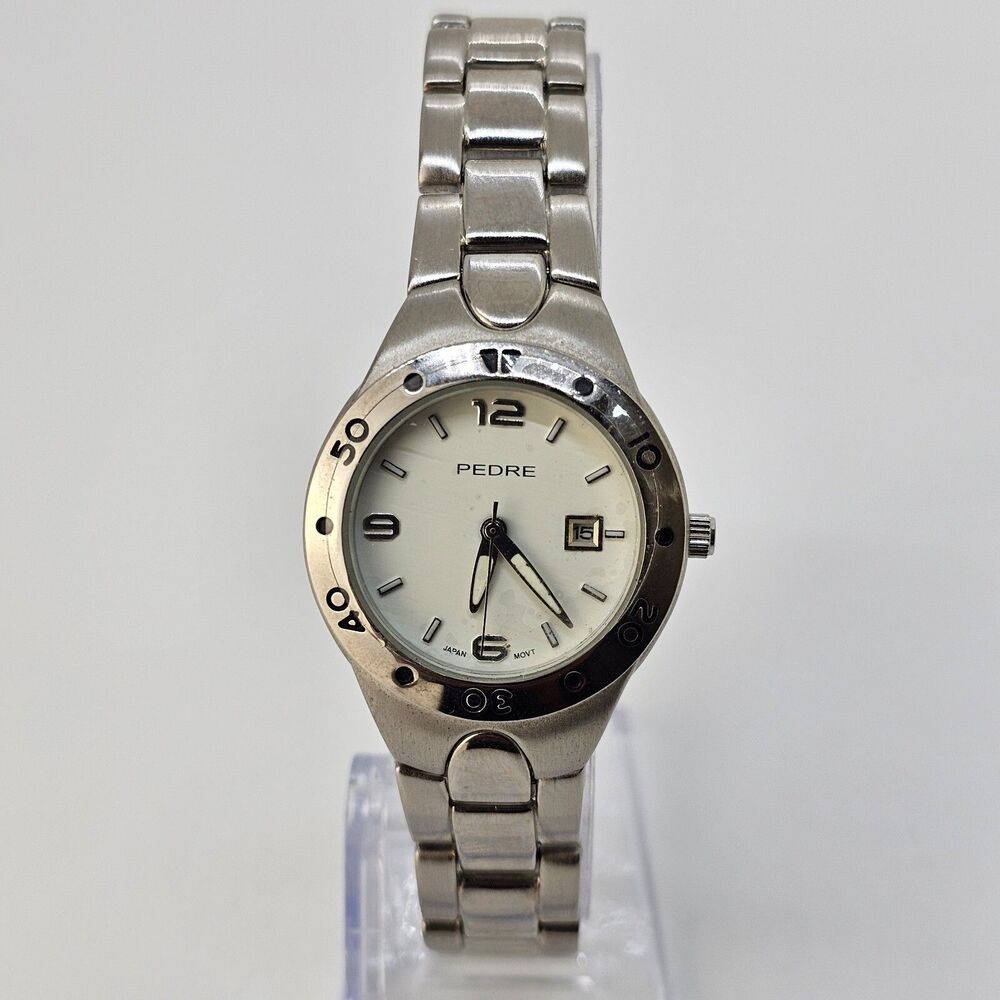 Pedre Women's Watch‎ 30MM White Dial Gray Case Bracelet Band Date 7" New Battery